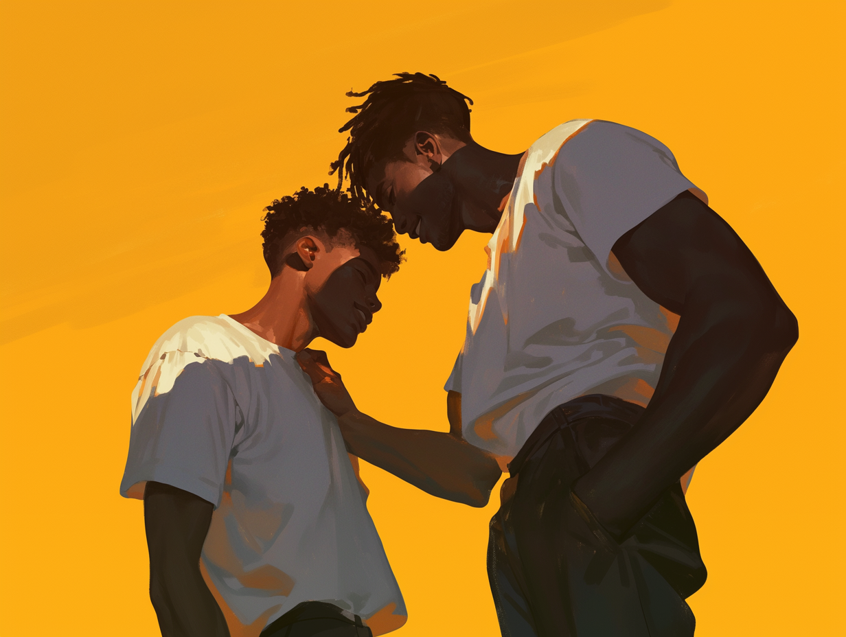 Two illustrated figures sharing a quiet moment against an orange background