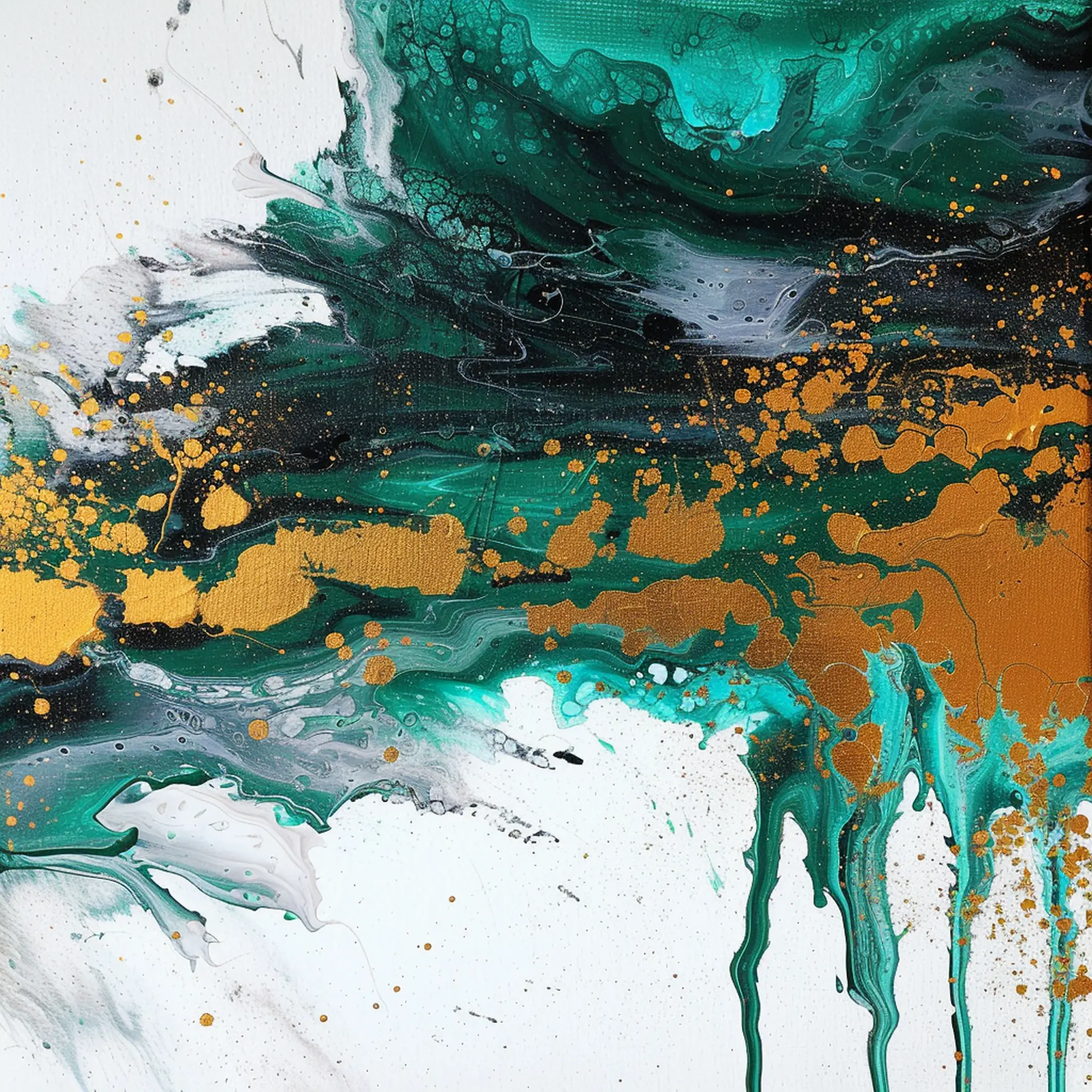 Abstract green, teal, white, and gold collection artwork