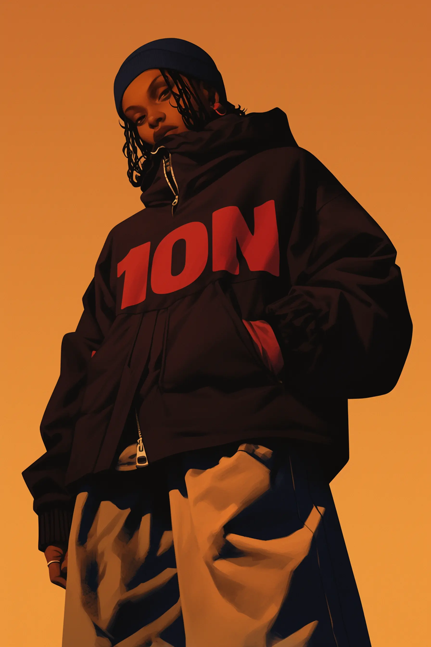 Illustrated person wearing a black 10N jacket against an orange background