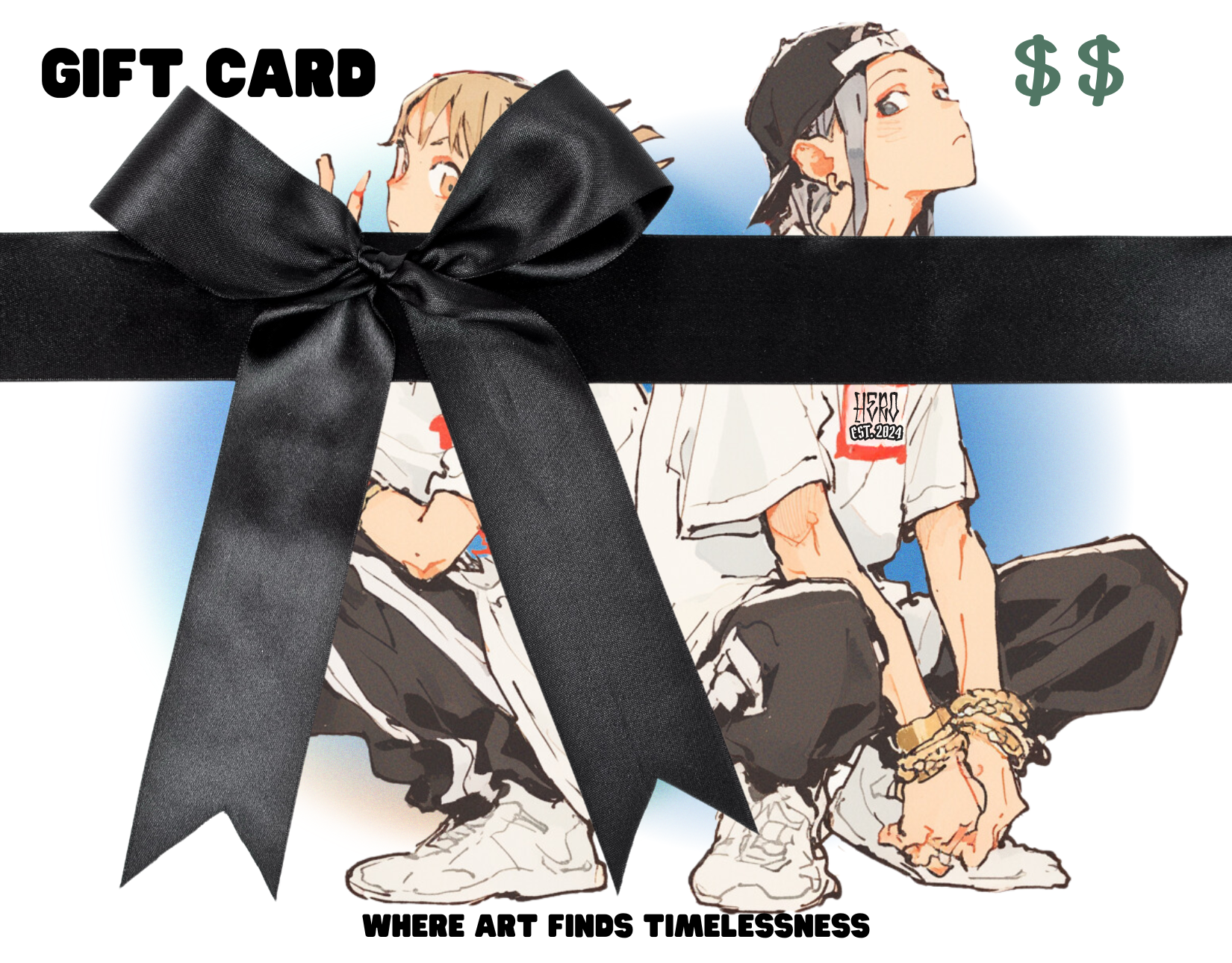10NECTAR gift card featuring two illustrated characters wrapped with a black ribbon