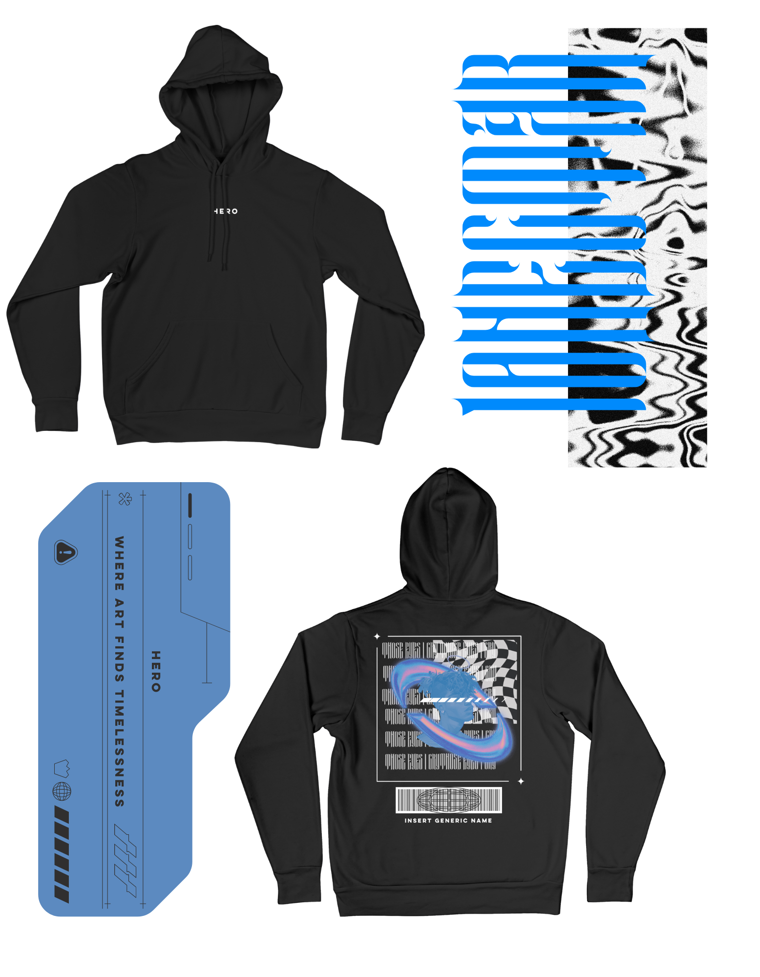 HERO 001 black hoodie product sheet showing the minimal front and graphic back