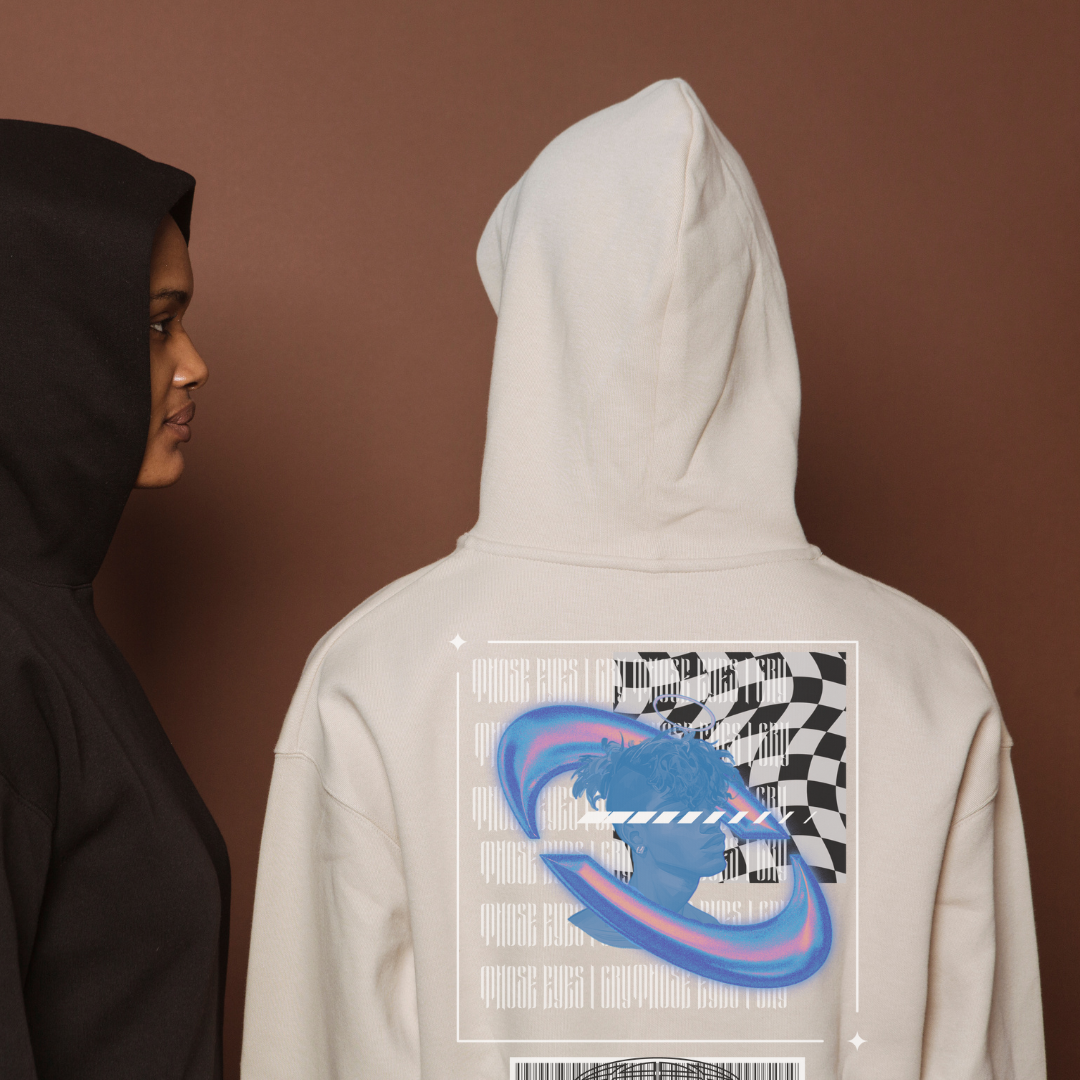 Models styling the 10NECTAR graphic on a white hoodie