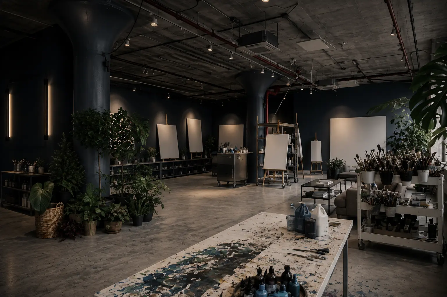 Concept rendering of The Field open studio with blank canvases and artist tools