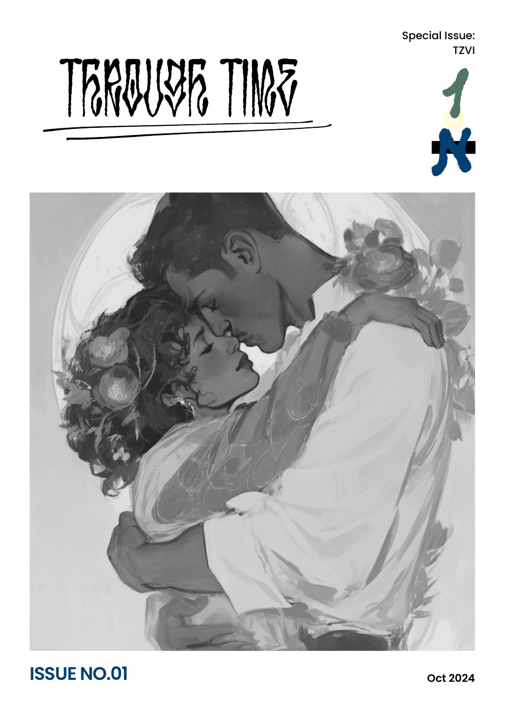 Through Time Issue No. 01 cover featuring two people embracing in a monochrome illustration